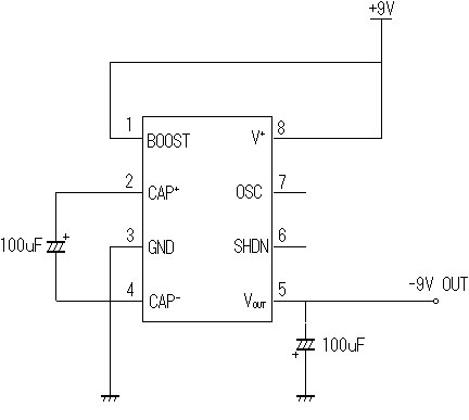 チャージポンプIC LTC1144を用いて負電圧を作る回路図